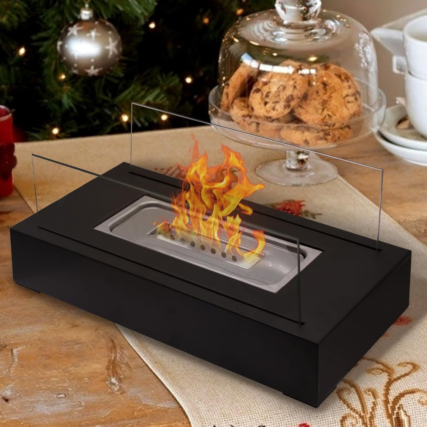 Korki Modern Tabletop Fire Pit – Rectangular Bio Ethanol Fireplace with Glass Sides | Portable, Smokeless, Stylish Ambience for Indoors & Outdoors