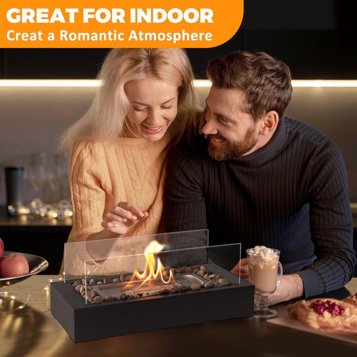 Tabletop Ethanol Fireplace with Decorative Pebbles – Rectangular Glass & Carbon Steel Fire Pit for Modern Indoor Ambience