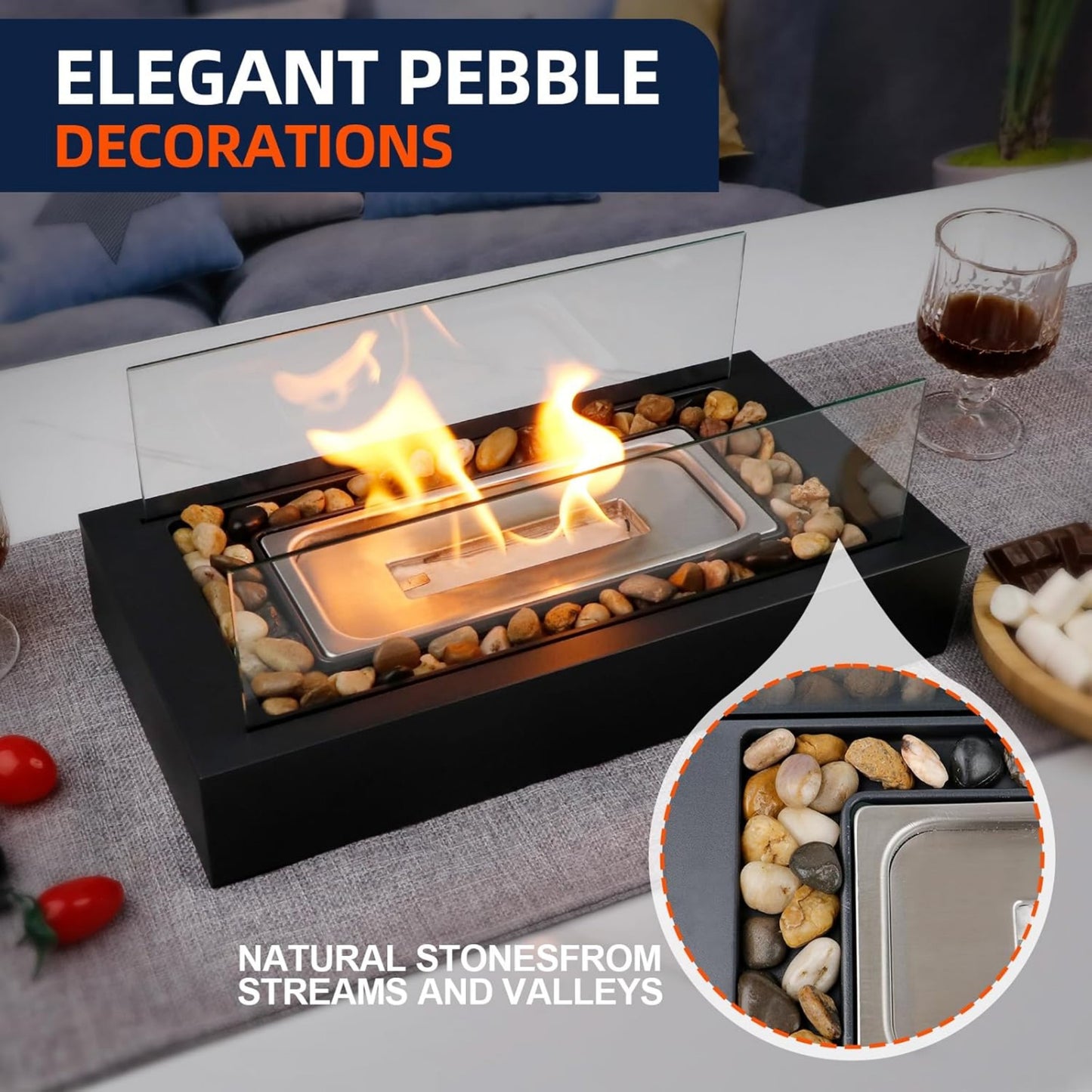 Tabletop Ethanol Fireplace with Decorative Pebbles – Rectangular Glass & Carbon Steel Fire Pit for Modern Indoor Ambience