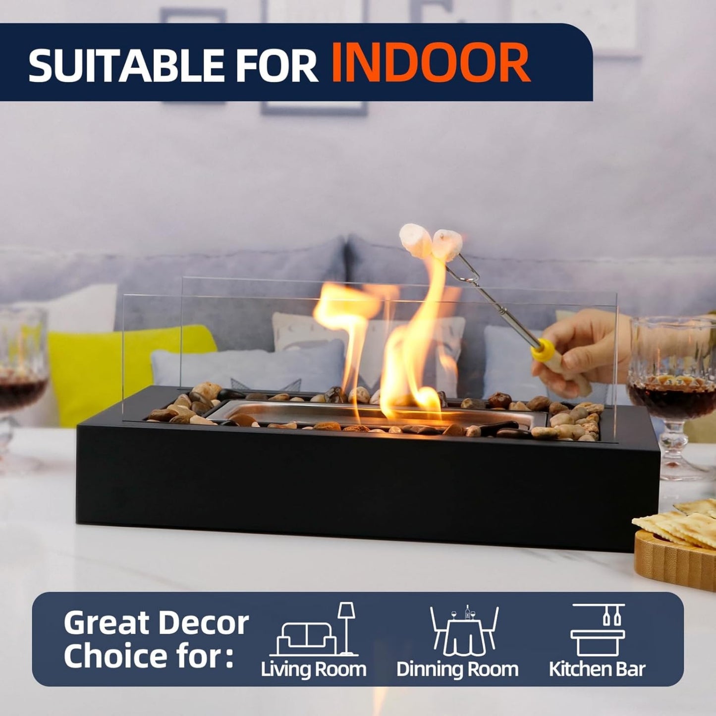 Tabletop Ethanol Fireplace with Decorative Pebbles – Rectangular Glass & Carbon Steel Fire Pit for Modern Indoor Ambience