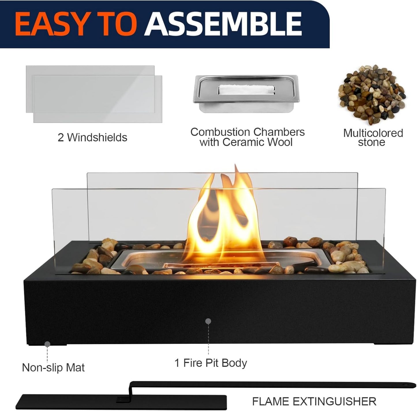 Tabletop Ethanol Fireplace with Decorative Pebbles – Rectangular Glass & Carbon Steel Fire Pit for Modern Indoor Ambience
