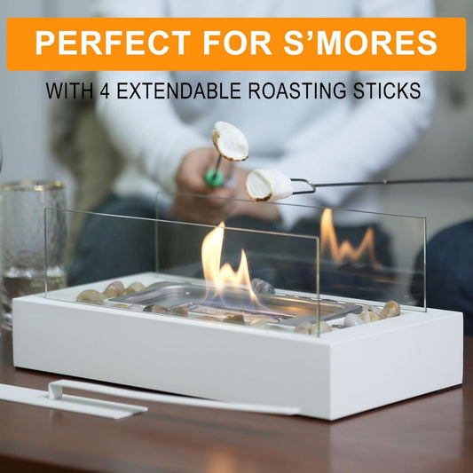 Tabletop Ethanol Fireplace with Pebbles – Includes 4 Roasting Sticks & 5 Fuel Pads | Indoor Mini Fire Pit for S’mores & Cozy Atmosphere