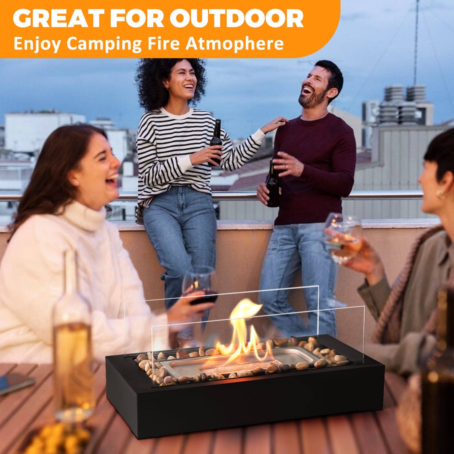 Tabletop Ethanol Fireplace with Decorative Pebbles – Rectangular Glass & Carbon Steel Fire Pit for Modern Indoor Ambience