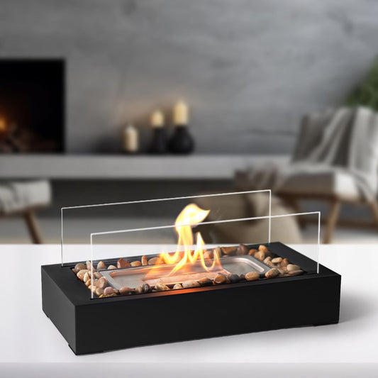 Tabletop Ethanol Fireplace with Decorative Pebbles – Rectangular Glass & Carbon Steel Fire Pit for Modern Indoor Ambience
